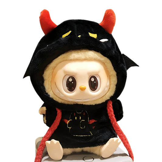 Plush toy with a black hood and red horns on a white background