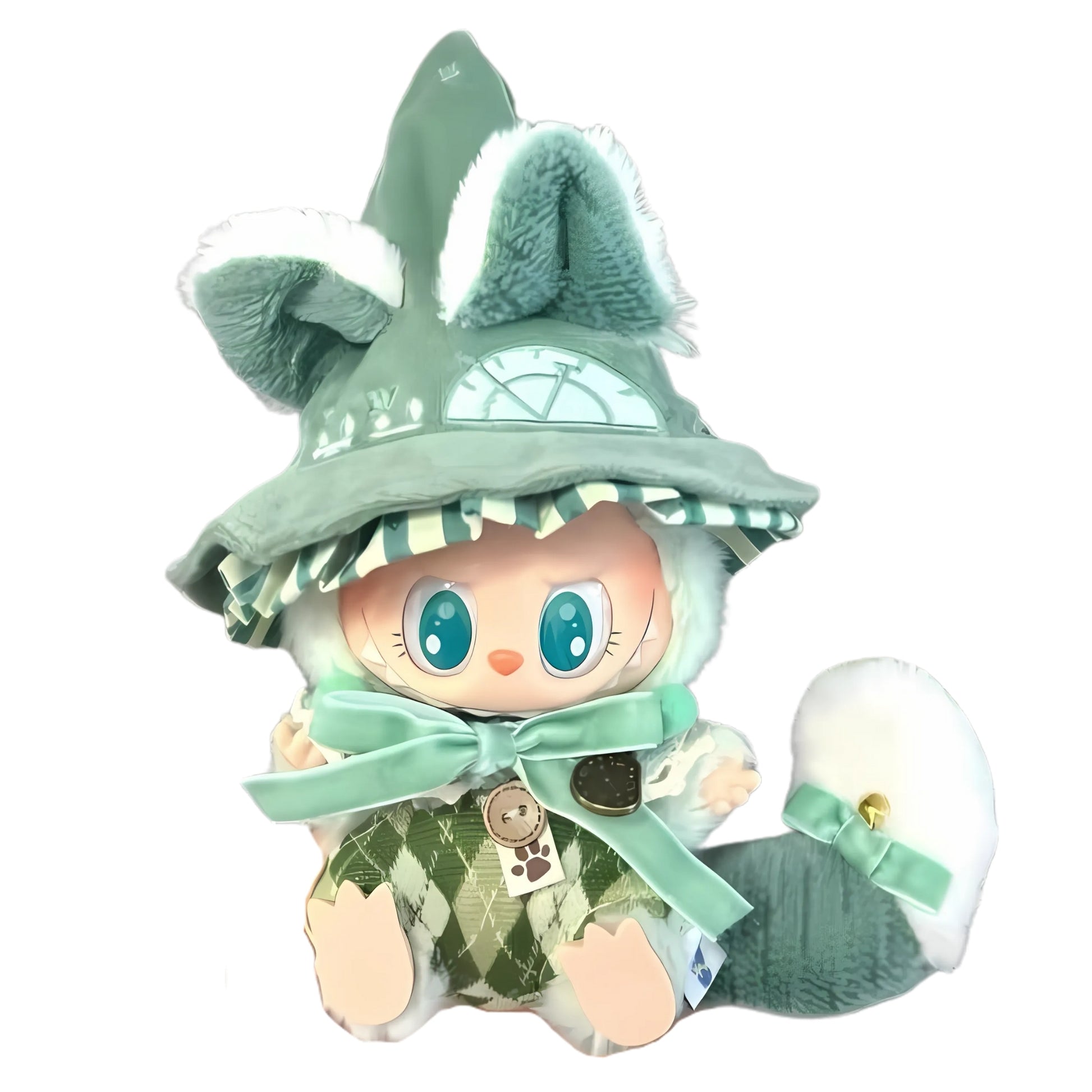 Plush toy with green outfit and cat ears on a white background