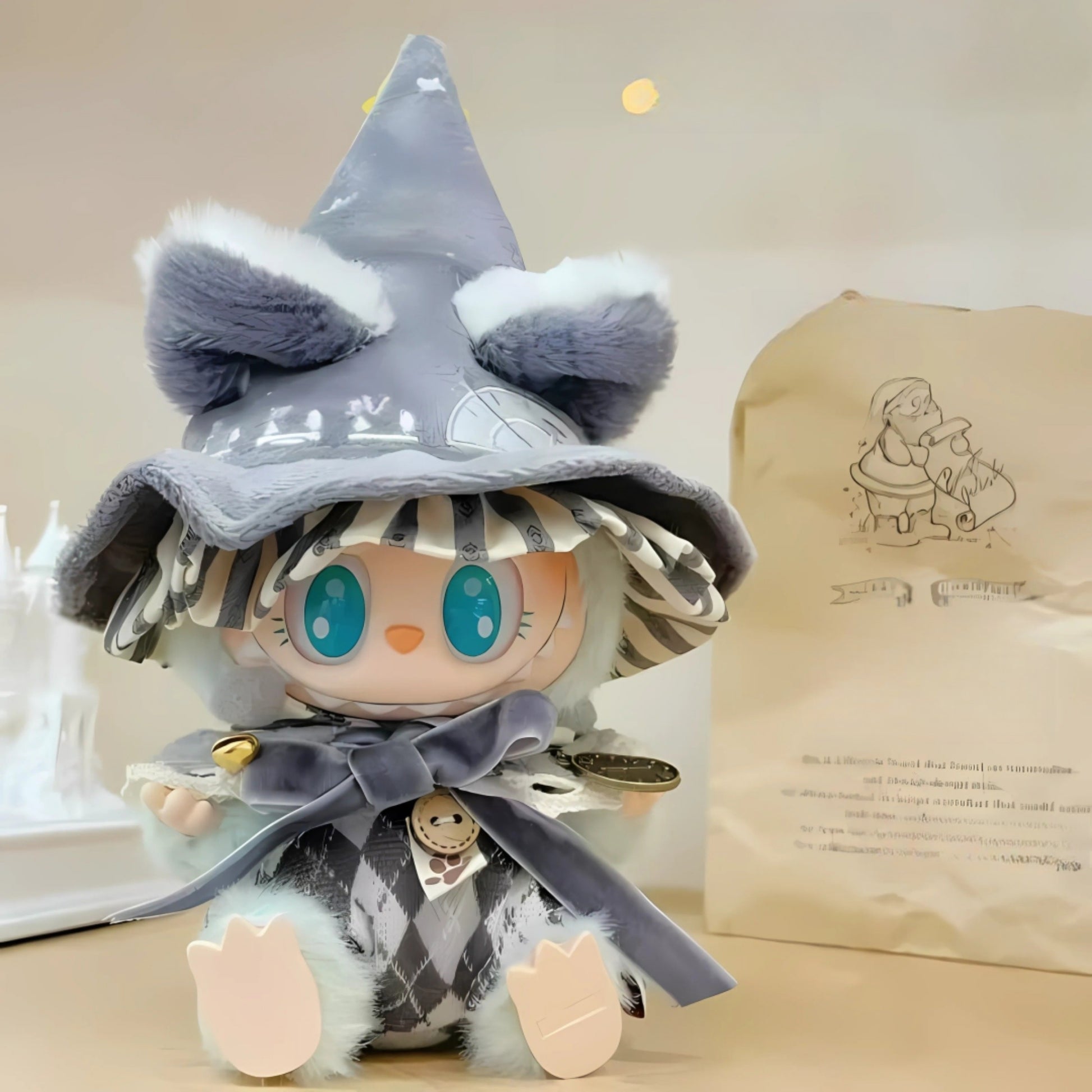 Plush toy with a gray hood and checkered scarf on a beige background