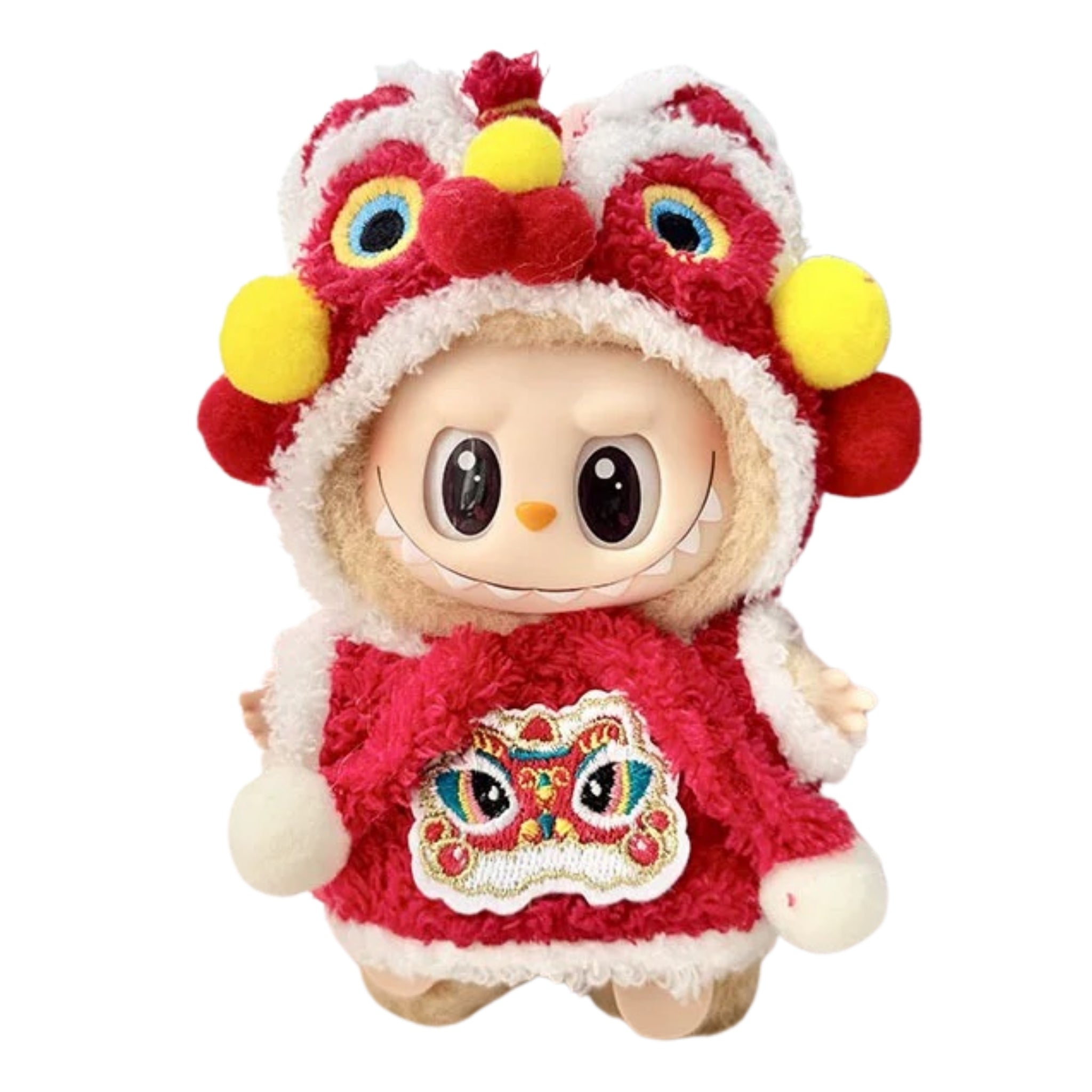 labubu with a red outfit and colorful design on a white background