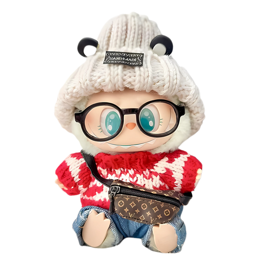 Toy figure wearing a white knit hat, red sweater, denim shorts, and glasses on a white background.